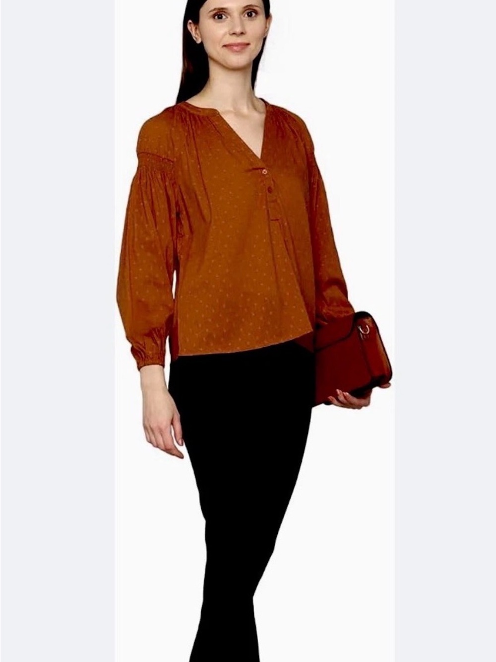 Allen Solly Rust Brown Self-Design Mandarin Collar Blouse Top Size L NWT - Picture 11 of 11
